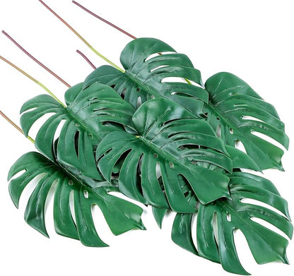 Artificial Monstera Leaves with Long Stem,Fake Tropical Palm Leaves for Hawaiian Luau Jungle Party Home Wedding Decor (6pcs Medium)