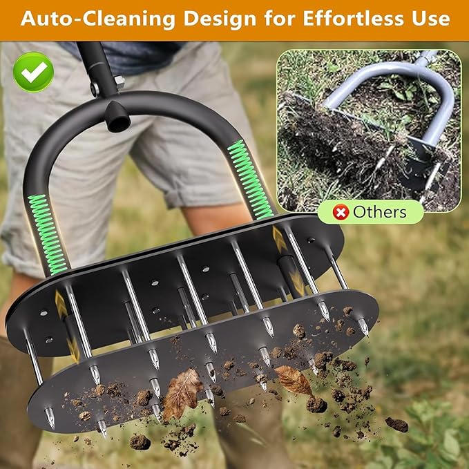 seasky Lawn Aerator, Manual Lawn Aerator Tool with Padded T-Handle, Wide Foot Plate & 15-3 Inch Solid Steel Spikes, Dual-Layer Design for Effortless Aeration in Lawn, Yard and Garden Soil