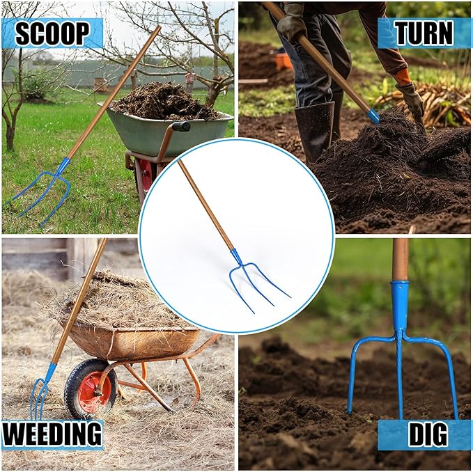 59 Inch Manure Fork Wood Handle 3 Tine Fork for Farm Stable Hay Ranch Bedding Garden