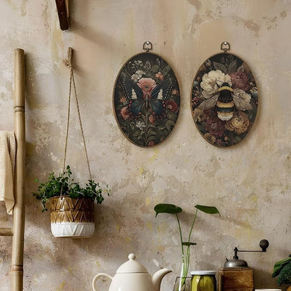 LKETW Vintage Floral Butterfly Bee Oval Wall Art Decor, Dark Cottagecore Oval Canvas Hanging Decor, Rustic Botanical Wildflower Wall Decorations for Home Living Room Bedroom, 8.6x11.4 Inch Set of 2