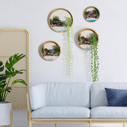 Gold Metal Wall Planter Set of 4, Indoor Metal Hanging Planter with 10Pcs Artificial Succulents Wall Decor Round Succulent Planters Air Plant Pots Container for Cactus Home Office Decor