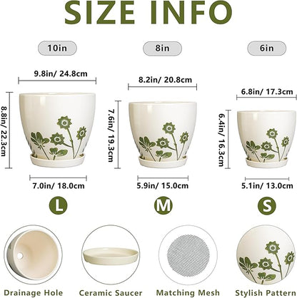 Ceramic Planters - 10+8+6 Inch Plant Pots with Drainage Holes and Saucers, Boho Decorative Round Flower Pots for Indoor Outdoor Plants, Housewarming Gifts, Office Decor, Set of 3, White