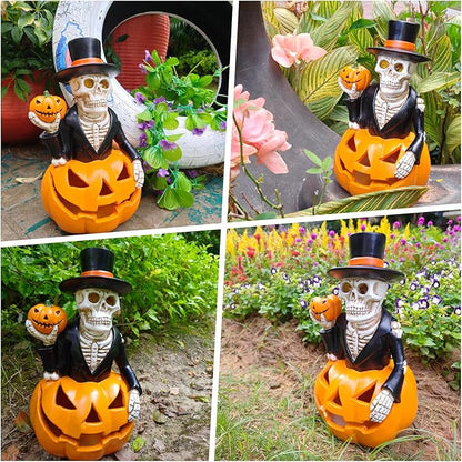 Solar Outdoor Decorations Wizard Skeleton with Pumpkin Figurine Lights, Fall Pumpkin Garden Decor for Yard Patio Porch Balcony, LED Skull Gothic Party Accessories, Home Gift for Thanksgiving Harvest