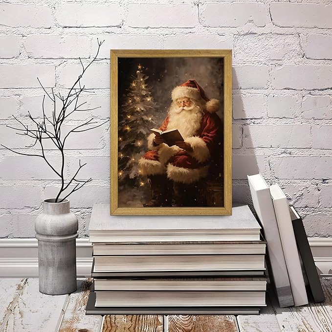 Wood Framed Vintage Santa Claus Wall Art, Classic Christmas Canvas Oil Painting, Rustic Holiday Winter Home Wall Decor Picture, Christmas Gift for Living Room Bedroom Kids Room 8x10 Inch