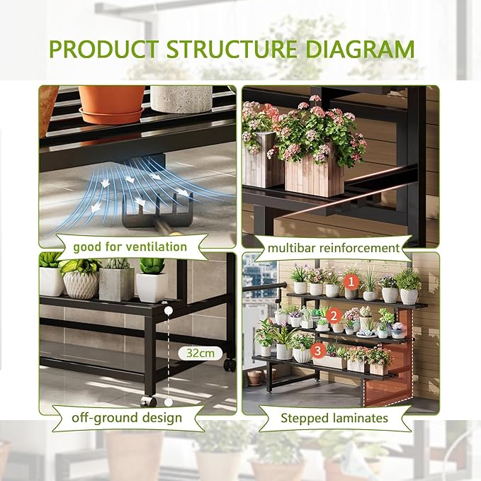 3 Tier Large Metal Plant Stand, with Hanging Tall Plant pot shelf, with Rollers Heavy Duty Plant Holder, for Home/Garden/living room/balcony (BLACK, 31.5IN)