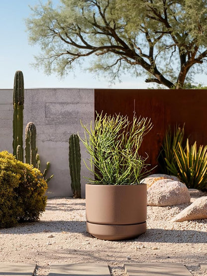 LE TAUCI Large 14 Inch Plant Pot with Saucer | Ceramic Outdoor & Indoor Big Planter Pot | Drainage Hole, Mesh Pad & Plug | Unglazed Porous | Modern Minimalist for Home and Patio – Terracotta Color