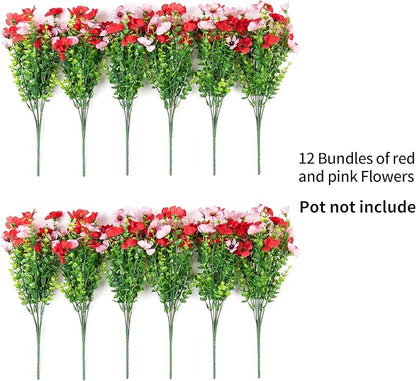 Artificial Fake Mums Flowers for Outdoor Spring Summer Decor, 12 Bundles Faux Silk Plants Daisy for Planter Pot Colorful UV Resistant Look Real for Front Door Porch Patio Outside Yard(Red Pink)