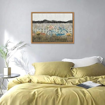 Floating Framed Canvas Wall Art, Vintage Blue Bicycle Flower Basket Wall Decor, Country Nature Landscape Wildflower Poster Print Paintings for Bathroom Living Room Bedroom Home Decor 16x24 inch