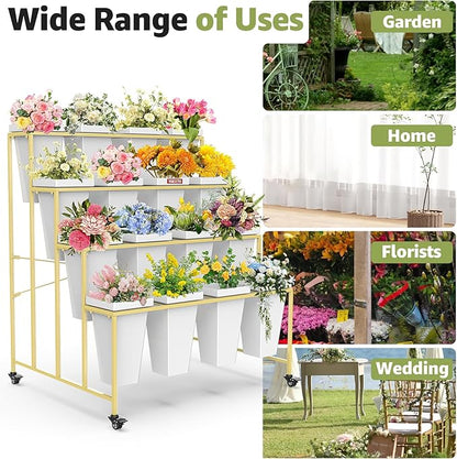 4 Layers Flower Display Stand with Buckets, 16 PCS Buckets Plant Stand with Wheels, Movable Metal Plant Stand for Terrace Garden, Living Room, Florist Shop