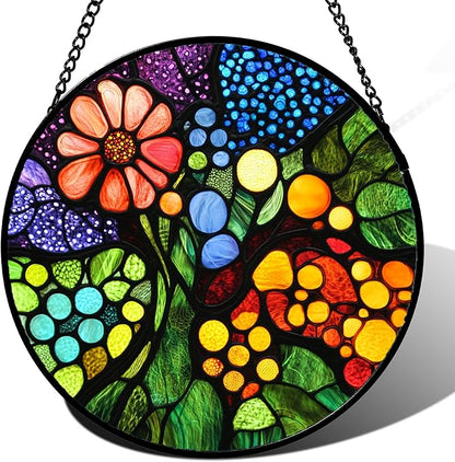 Stained Glass Window Hanging Red Flowers Green Blue Orange Dots 9.8" - Suncatcher Door Garden Sun Catcher Home Decor Birthday Christmas for Mom Men Woman Nana
