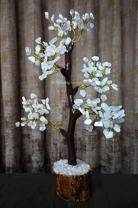 White Moonstone Natural Healing Premium Crystal Bonsai Feng Shui Fortune Money Tree of Life for Home Office Decor (Gift Box Ready,10-12 Inch)