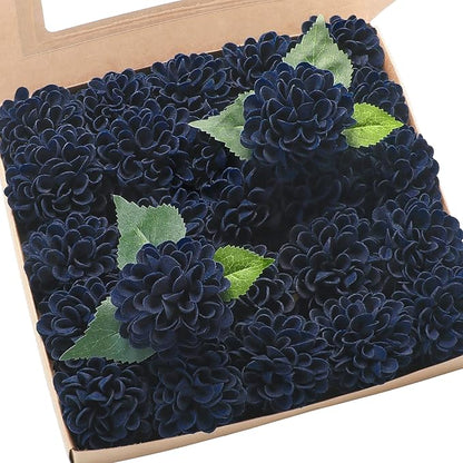 Floroom Artificial Dahlia Flowers 25pcs Real Looking Navy Blue Foam Fake Roses with Stems for DIY Wedding Bouquets Bridal Shower Centerpieces Floral Arrangements Party Tables Home Decoration