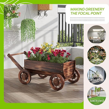 Wooden Flower Cart with Wheels Wooden Wagon Planter Outdoor Garden Planter Decor Planter for Patio Balcony Trolley Decoration Succulent Flower Pot, Indoor Backyard Balcon Decor（L）