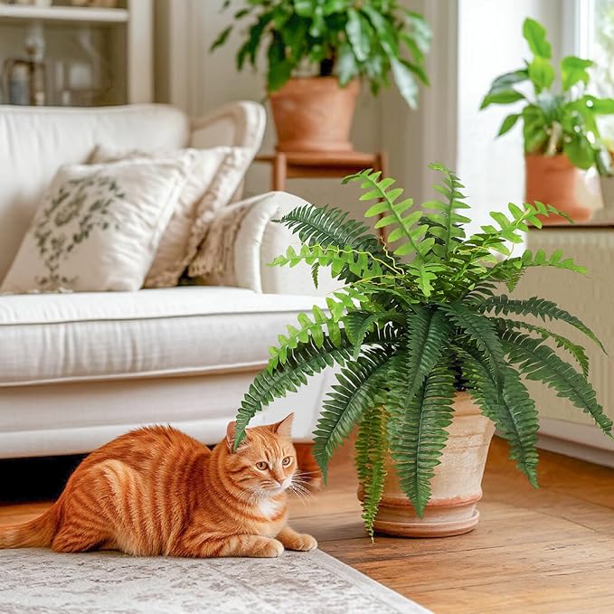 Luyue Fake Ferns Artificial Plants Sets of 2, 25" Artificial Boston Ferns for Outdoors Realistic Large Faux Fern Bush with 24 Fronds Hanging Plant for Front Porch Patio Outdoor/Indoor Home Decor