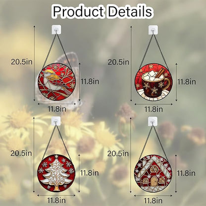 Stained Glass Window Hanging 4 Pcs Set Red Christmas Themed Decorations Large 11.8" - Suncatcher Door Garden Sun Catcher Decor Birthday New Year for Mom Woman Nana Men