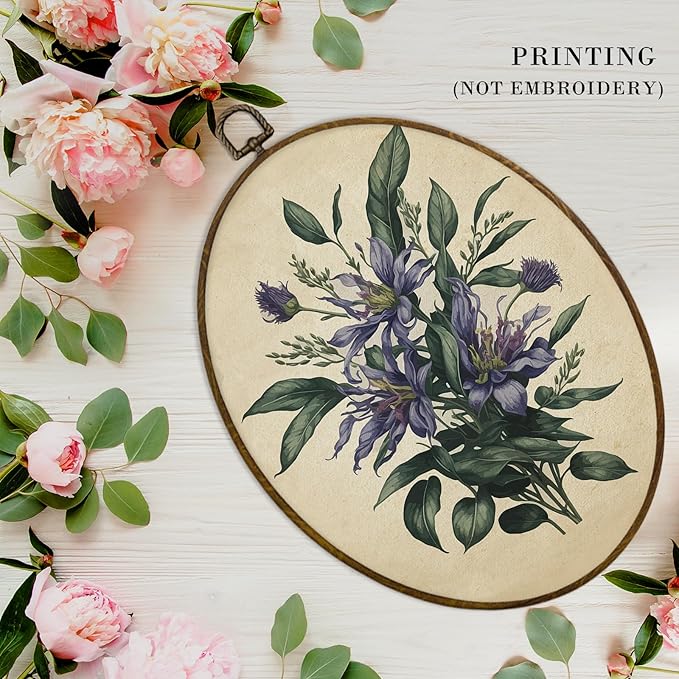 MAQIKA Retro Purple Floral Plant Oval Framed Wall Art Decor, Vintage Botanical Print, Wildflower Oval Wall Hanging Decor, Purple Flower Canvas Prints Wall Art for Bedroom Dorm Room, 8.7x11.3 Inch