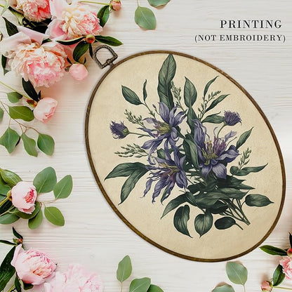 MAQIKA Retro Purple Floral Plant Oval Framed Wall Art Decor, Vintage Botanical Print, Wildflower Oval Wall Hanging Decor, Purple Flower Canvas Prints Wall Art for Bedroom Dorm Room, 8.7x11.3 Inch