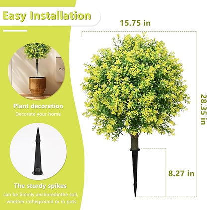 28" Artificial Boxwood Topiary Tree Yellow– UV Resistant Outdoor Faux Topiary Plant, Realistic Fake Topiary Bush for Porch, Patio, Front Door, Fake Evergreen Tree Home Decor