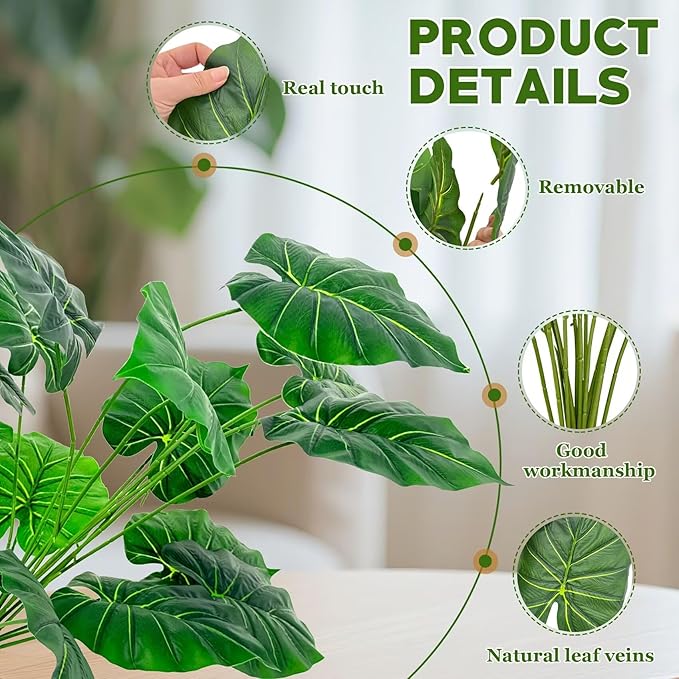 Artificial Faux Alocasia Tree Leave Plants - 2PCS 28'' Tall Fake Alocasia Leaf Plant Indoor Outdoor, Large Faux Floor Plant for Living Room Bathroom Bedroom Plants Decor, Farmhouse Home House Decor