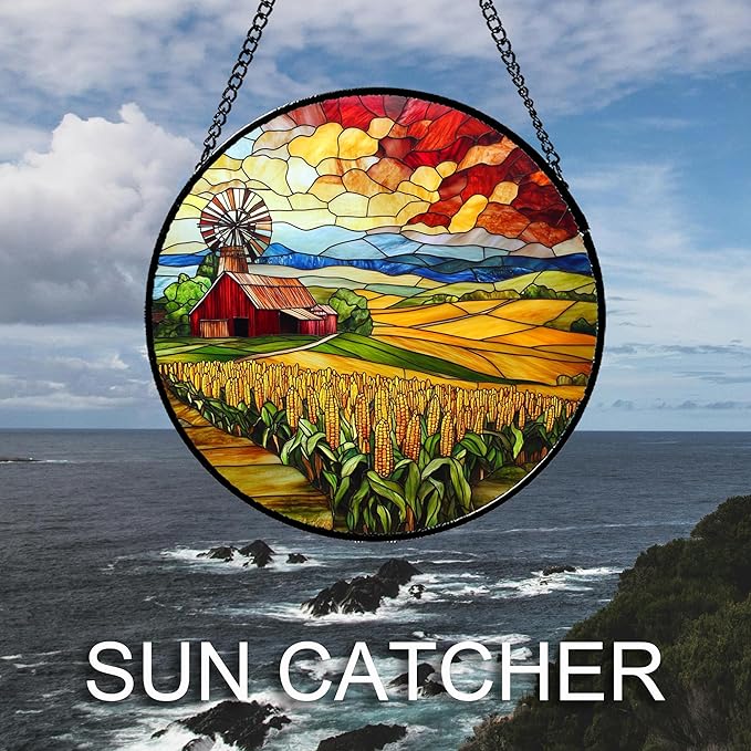 Stained Glass Window Hanging Autumn Farm Corn Harvest Landscape 9.8" - Suncatcher Garden Door Sun Catcher Home Decor Birthday Christmas for Woman Mom Friend Men Nana