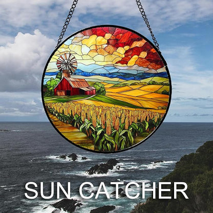 Stained Glass Window Hanging Autumn Farm Corn Harvest Landscape 9.8" - Suncatcher Garden Door Sun Catcher Home Decor Birthday Christmas for Woman Mom Friend Men Nana