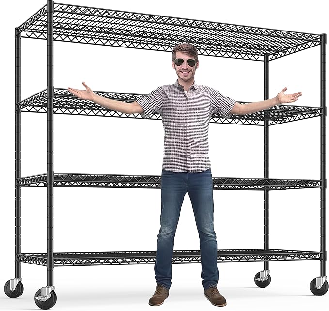 REIBII 75.6" H Storage Shelves Metal Shelving Unit with Wheels 55''W Garage Shelving Heavy Duty Wire Shelves for Storage Rack Adjustable Pantry Shelf Commercial Shelving, 75.6" H X 55.5''W X 24" D