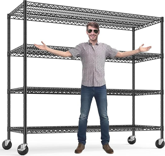 REIBII 75.6" H Storage Shelves Metal Shelving Unit with Wheels 55''W Garage Shelving Heavy Duty Wire Shelves for Storage Rack Adjustable Pantry Shelf Commercial Shelving, 75.6" H X 55.5''W X 24" D