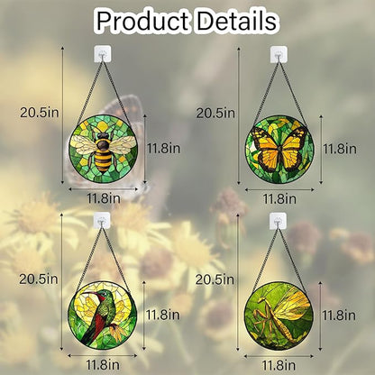 Stained Glass Window Hanging 4 Pcs Set Green Plants Yellow Insect Theme 6.3" - Suncatcher Door Garden Sun Catcher Decor Birthday Christmas for Mom Woman Nana Men