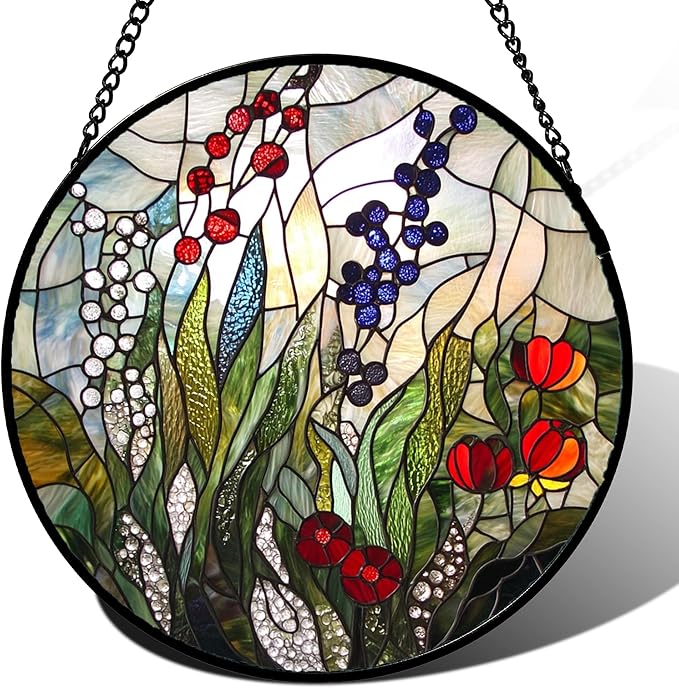 Stained Glass Window Hanging Red Purple Flowers Berry Green Plants 9.8" - Suncatcher Door Garden Sun Catcher Home Decor Birthday Christmas for Mom Men Woman Friend