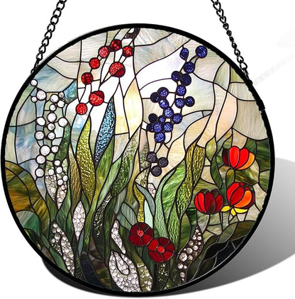 Stained Glass Window Hanging Red Purple Flowers Berry Green Plants 6.3" - Suncatcher Door Garden Sun Catcher Home Decor Birthday Christmas for Mom Men Woman Friend