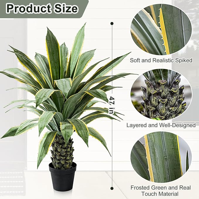 Artificial Agave Plant Potted Plants for Indoor Outdoor Fake Agave Tree in Pot Realistic Faux Tree with 42 Leaves for Home Living Room Office Garden Front Porch Patio Decor (51inch-1 Pc Potted Yellow)