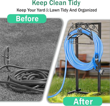 Garden Hose Holder - Freestanding Water Hose Holders for Outside with Storage Basket, Heavy Duty Hose Stand Organizes 150ft Hose Storage Hanger Rack for Yard Lawn Farm