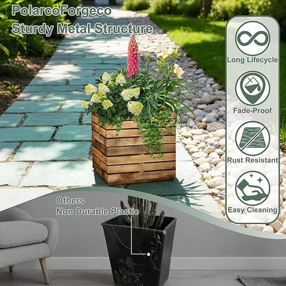 Metal Planter Box for Outdoor Plants, Black Rectangular Planters for Porch with Drainage Holes, All-Weather Use, Rust-Resistance (17" L x 17" W x 18" H, Walnut Wood Grain)