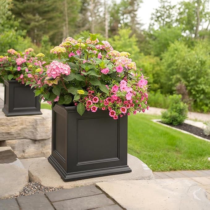 Mayne Fairview Self Watering Planter Box - 20 Inch Large Square, Classic Inset Panels, New England Architecture, Double Wall, UV & Weather Resistant for Indoor and Outdoor Use, Black