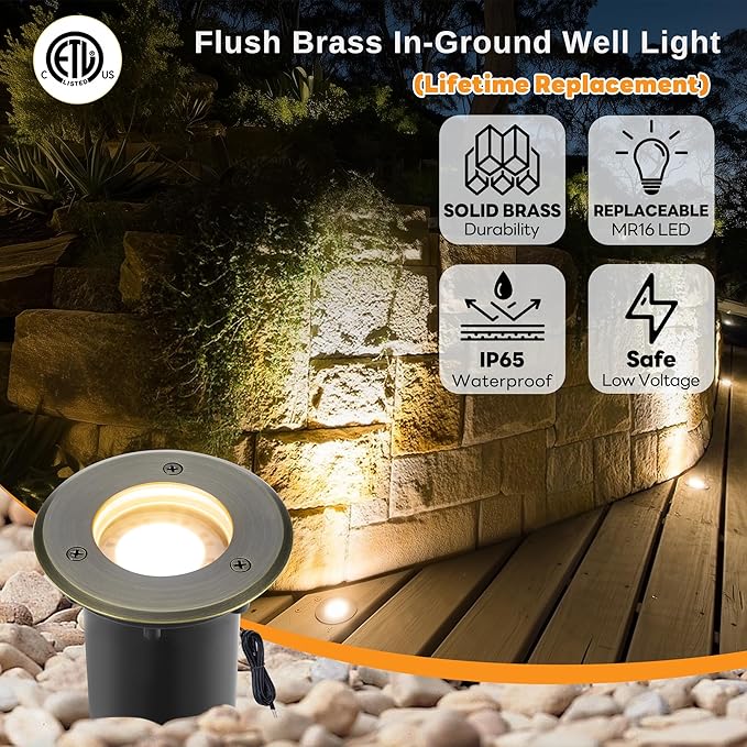 Gardenreet MR16 Well Light - Solid Brass Replaceable Bulb Weatherproof Low Voltage Inground Lighting, 12V LED Electric Fixture, Antique Bronze for Patio Yard Wall Without MR16 Bulb