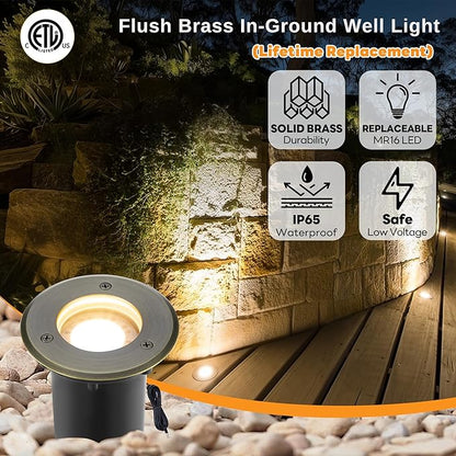 Gardenreet MR16 Well Light - Solid Brass Replaceable Bulb Weatherproof Low Voltage Inground Lighting, 12V LED Electric Fixture, Antique Bronze for Patio Yard Wall Without MR16 Bulb