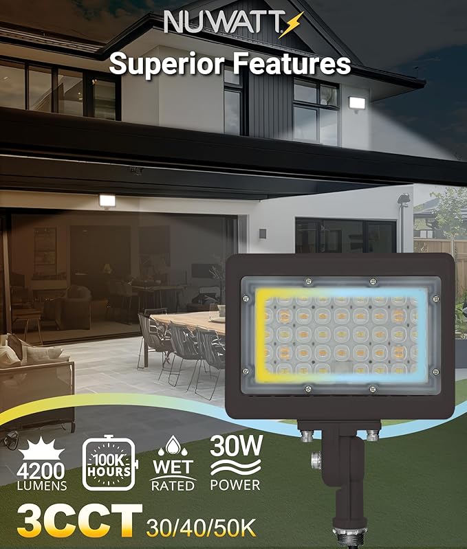 NUWATT 30W LED Flood Light, 3CCT 3000K/4000K/5000K Selectable, IP65 Waterproof Lighting, Adjustable Knuckle Mount, 4200LM, 0-10V Dimmable, 120-277V, Outdoor Security Floodlight for Yard, Bronze, UL