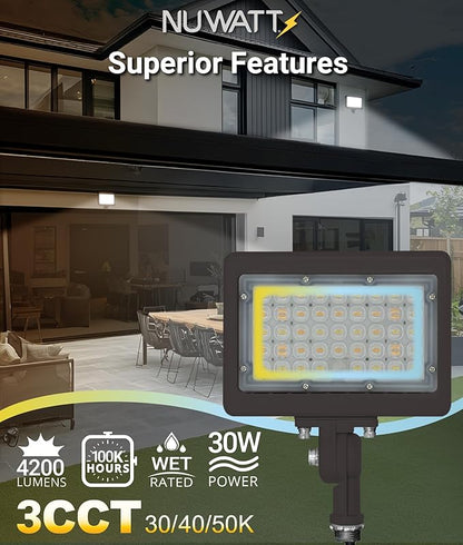 NUWATT 30W LED Flood Light, 3CCT 3000K/4000K/5000K Selectable, IP65 Waterproof Lighting, Adjustable Knuckle Mount, 4200LM, 0-10V Dimmable, 120-277V, Outdoor Security Floodlight for Yard, Bronze, UL