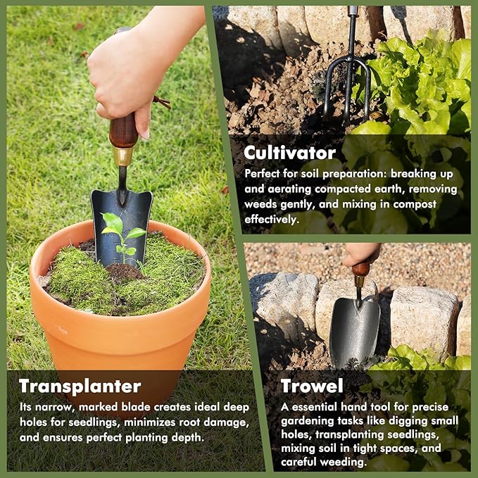 RESTMO 3-in-1 Heavy Duty Gardening Tools Kit, Premium Carbon Steel Garden Hand Tools with Ergonomic Wooden Handle Includes Trowel, Transplanter, and Cultivator, Ideal Gardening Gifts for Gardener