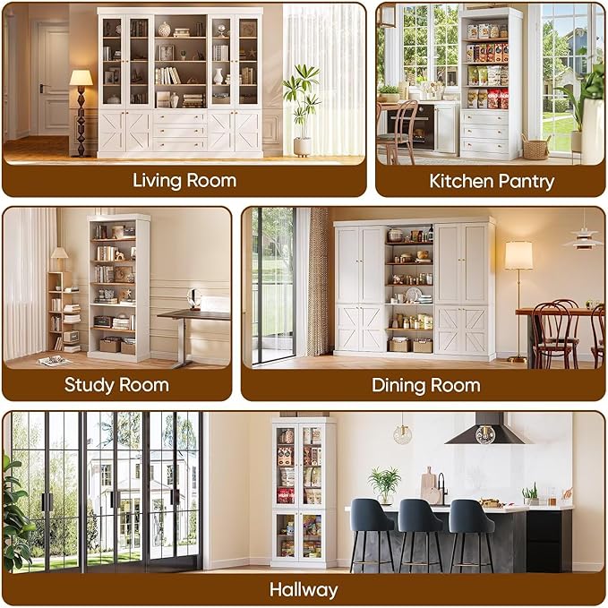Vyre 70.8" Tall White Bookshelf with Glass Doors, Farmhouse Modular Bookcase with 6-Tier Adjustable Shelves, Large Storage Cabinet for Home Office, Living Room, Set of 4