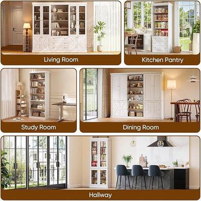 Vyre 70.8" Tall Farmhouse Bookshelf with Glass Doors, Modular Bookcase with 6-Tier Adjustable Shelves, Large Storage Cabinet for Kitchen, Living Room, White, Set of 4