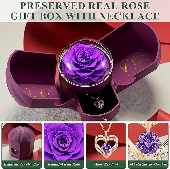 Preserved Purple Rose with Heart Necklace, Eternal Real Rose Flowers, Romantic Rose Gifts for Women, Mom, Wife, Grandma, Girlfriend, Birthday, Anniversary, Mother’s Day(Purple)