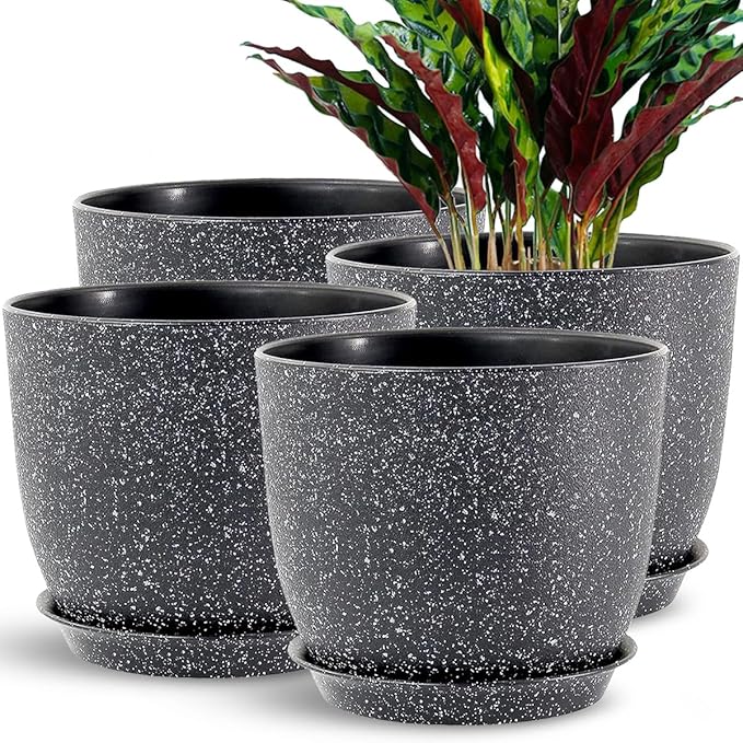 Planters for Garden House Plants, Indoor Outdoor Flower Pots Set with Trays 8 Inch Garden Pots,Plant Pots for Indoor Plants, Speckled Black