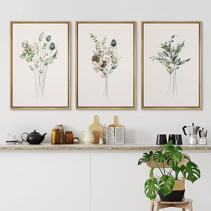 Ashbrook Framed Canvas Print Wall Art Set Wildflower Bouquet Nature Wilderness Illustrations Modern Art Decorative Floral Botanical Minimal Calm/Relax/Cozy for Bedroom - 24"x36"x3 NATURAL