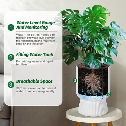 14.2" Tall Planters Set of 2, Plant Pots, Self Watering Pots for Indoor Plants, Flower Pots With Built-In Drainage and a Water Level Monitor, for Patio, Porch, Living Room, or Office, Marble White