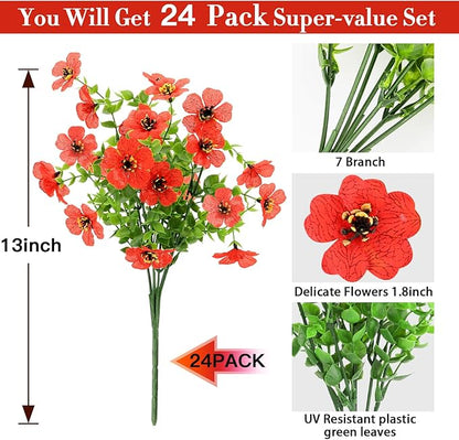 24 Bundles Artificial Flowers for Outdoors Decorations, Fake Flowers Artificial Plants Outdoor, Colorful Daisy Eucalyptus Realistic UV Resistant for Garden Patio Porch Home Decor, Red