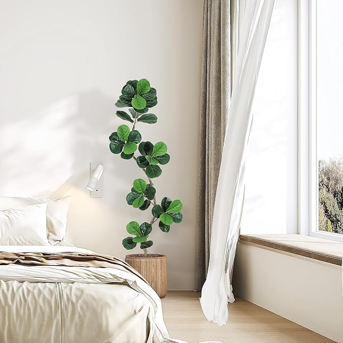 6ft Artificial Fiddle Leaf Fig Tree, Tall Fake Plants with White Planters, Artificial Plants Indoor with Realistic Moss for Home Decor Office Living Room