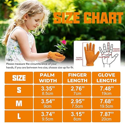 HANDLANDY Kids Genuine Leather Work Gloves for ages 3-11, Children Gardening Gloves for Boys, Girls (Medium (for age 5-7), Orange)