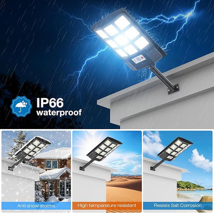 Solar Lights Outdoor,IP66 Waterproof Solar Street Lights Outdoor,6500K LED Dusk to Dawn Security Flood light with Motion Sensor and Remote Control for Yard,Parking Lot, Courtyards,Garages 2-Pack