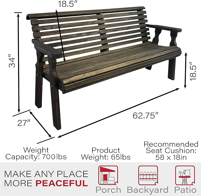 Amish Casual Heavy Duty 5 Foot Roll Back Outdoor Bench in Dark Walnut Stain - Amish Made in The USA from Treated Pine for Outdoor Durability, 700 Lb Weight Capacity